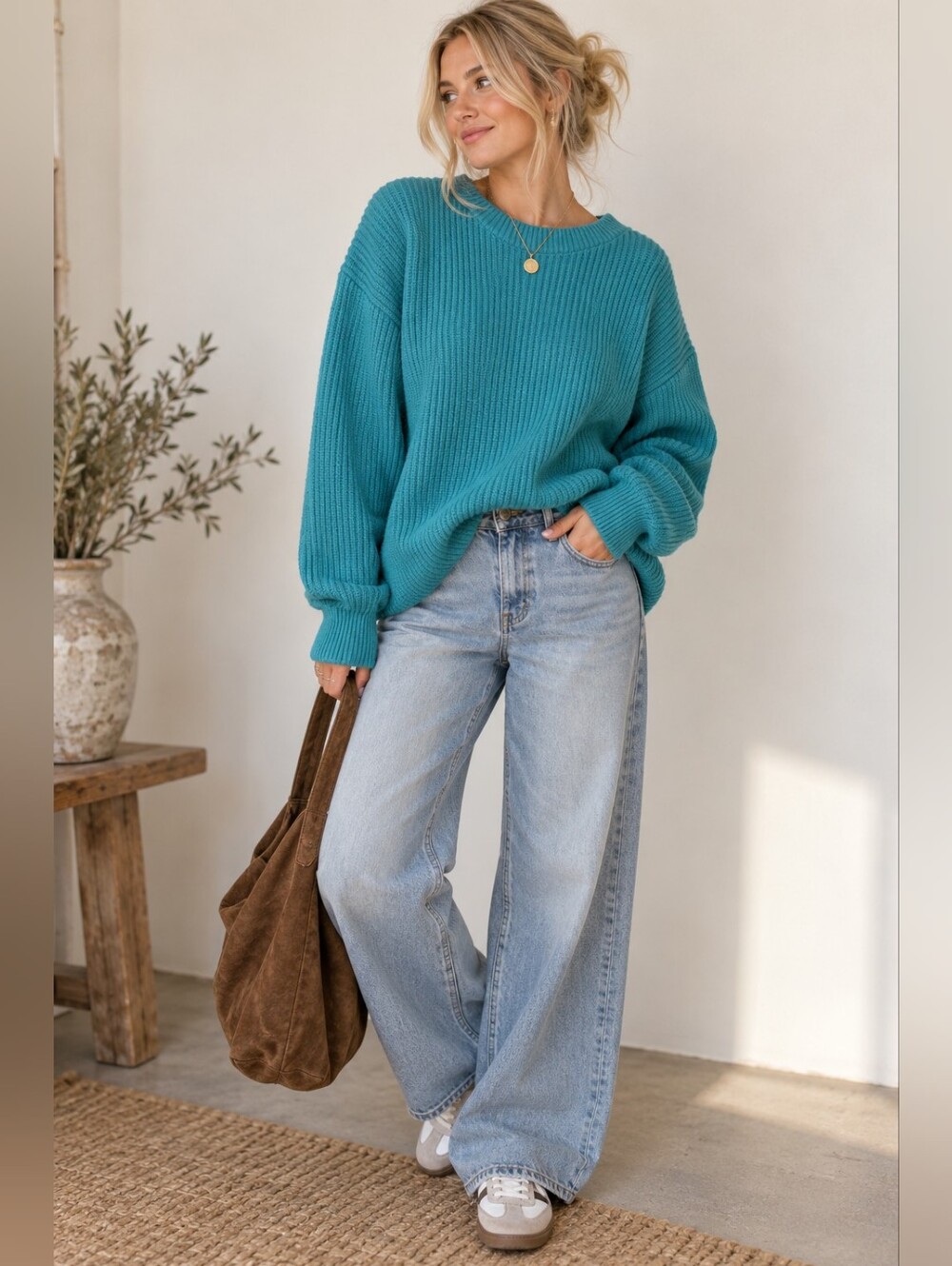 Vintage Linda Lundstrom Teal Knit Sweater Oversized Chunky Ribbed Pullover S